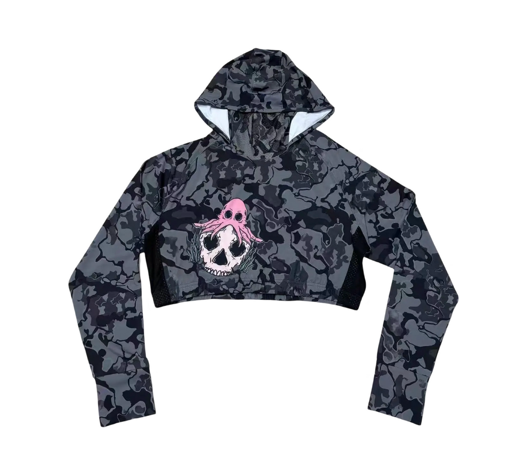 Crop topped hooded Rashguard 💀🐙 (black)